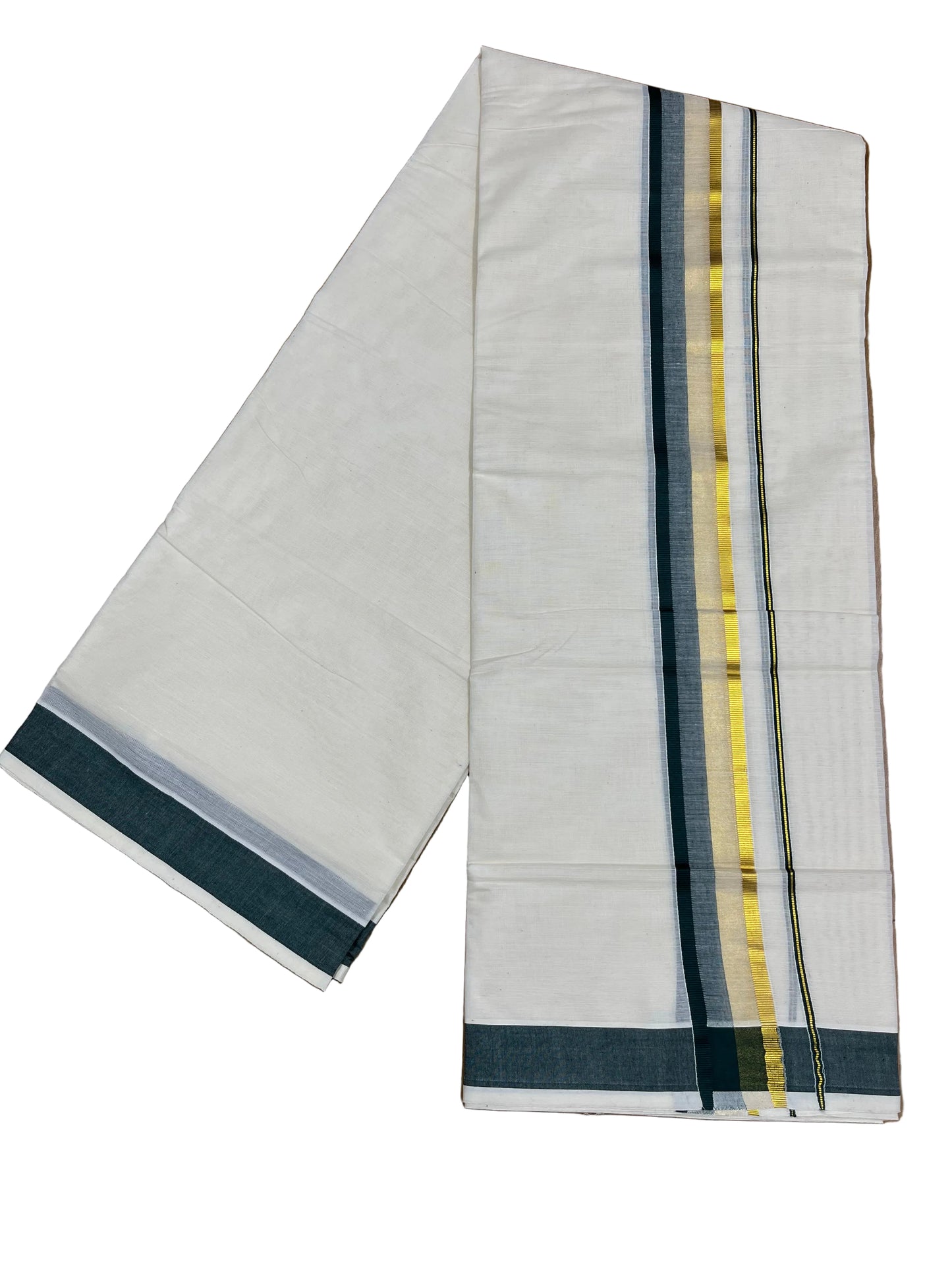 Southloom Pure Cotton Mundu with Green & Gold Kasavu Border (South Indian Kerala Dhoti)