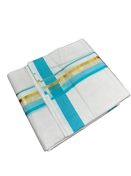 Southloom Pure Cotton Mundu with Blue & Gold Kasavu Border (South Indian Kerala Dhoti)