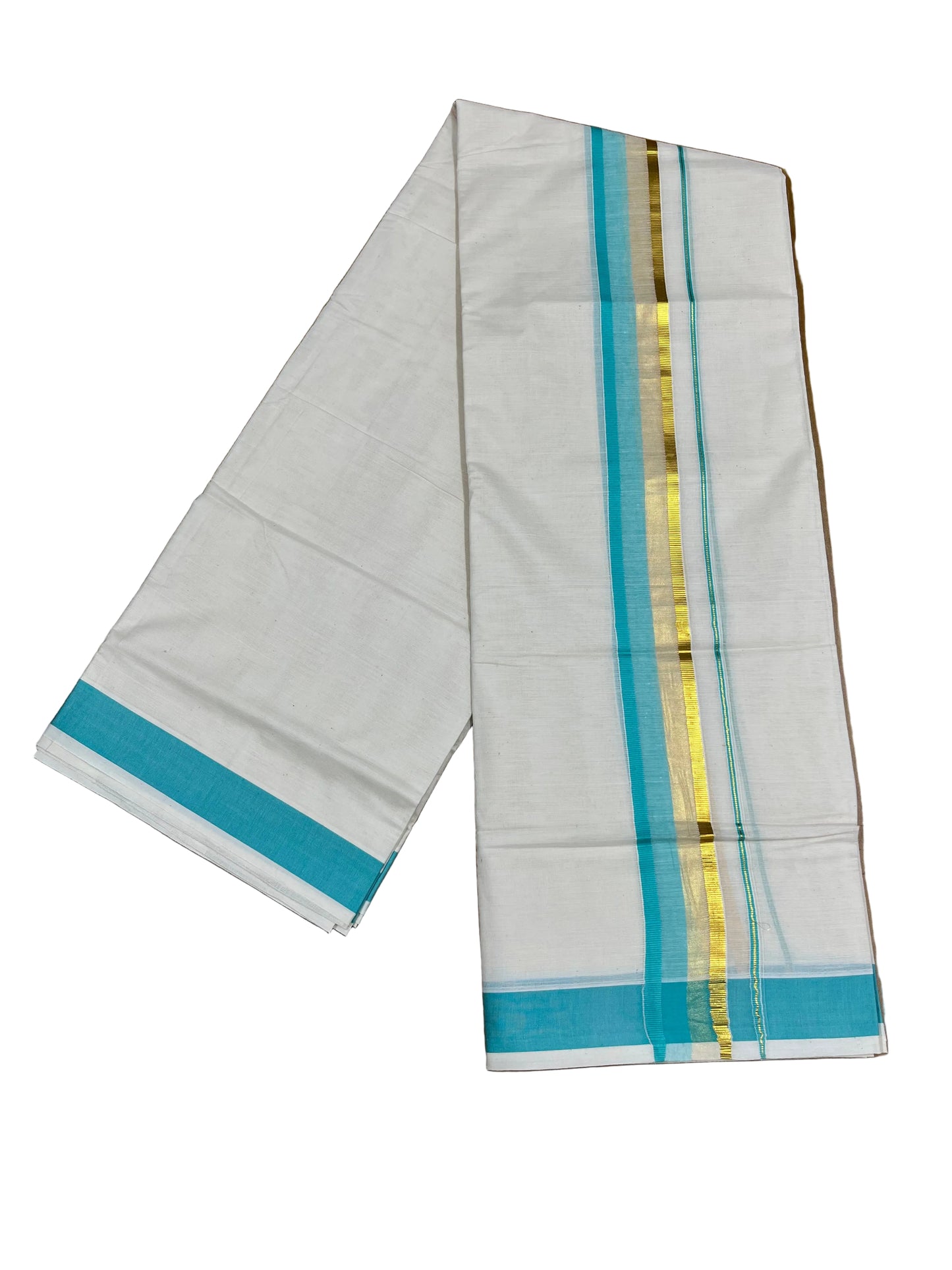 Southloom Pure Cotton Mundu with Blue & Gold Kasavu Border (South Indian Kerala Dhoti)