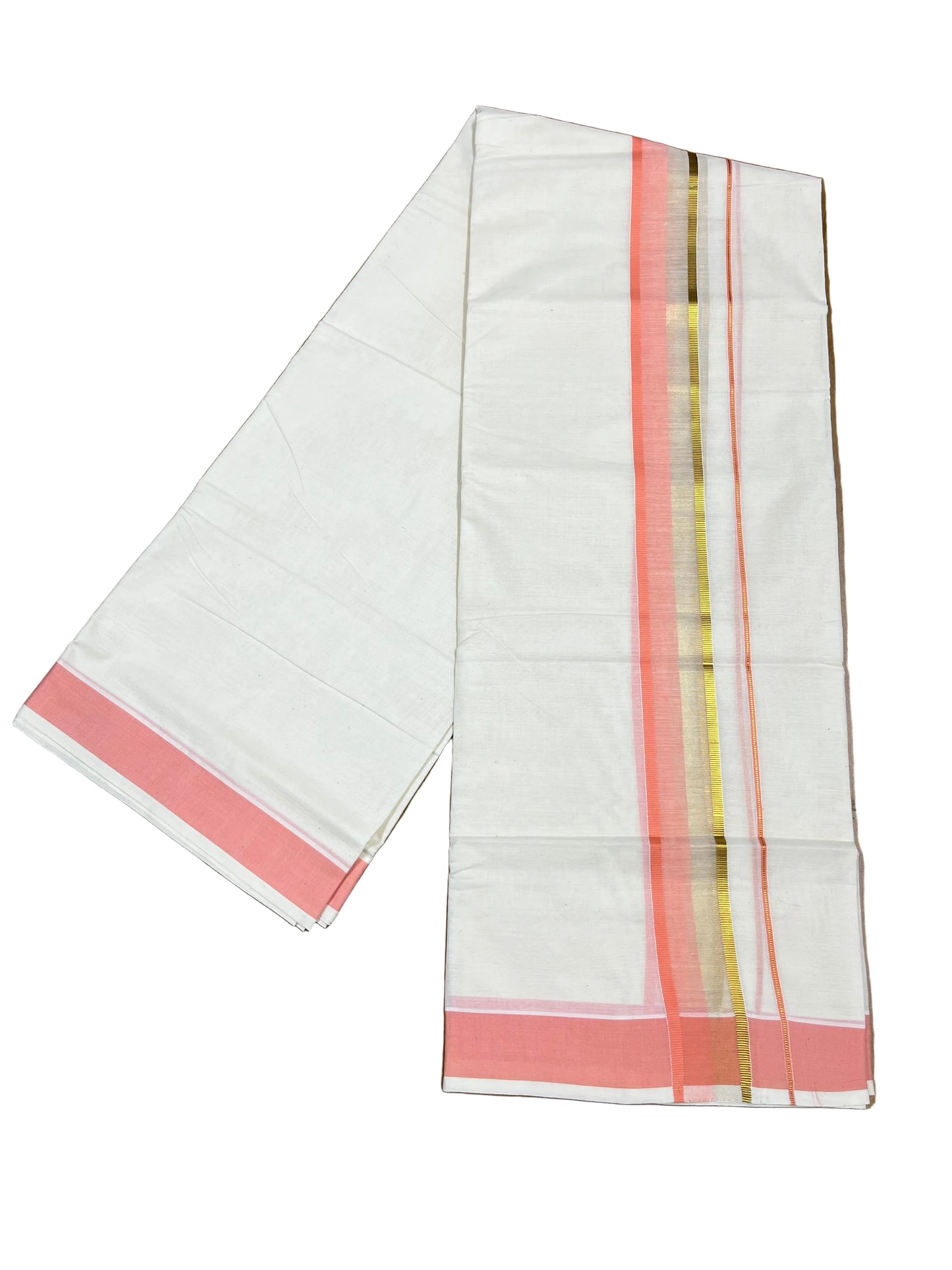 Southloom Pure Cotton Mundu with peach & Gold Kasavu Border (South Indian Kerala Dhoti)