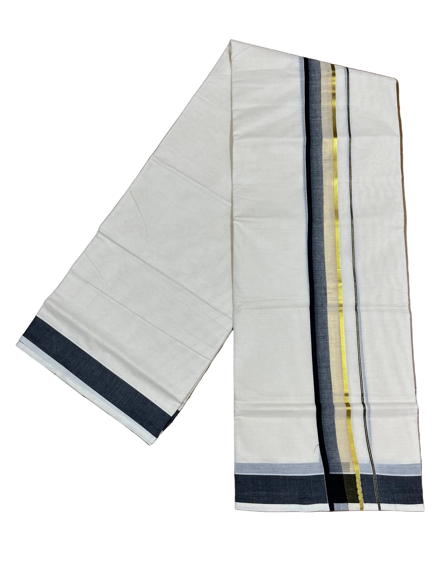 Southloom Pure Cotton Mundu with Black & Gold Kasavu Border (South Indian Kerala Dhoti)