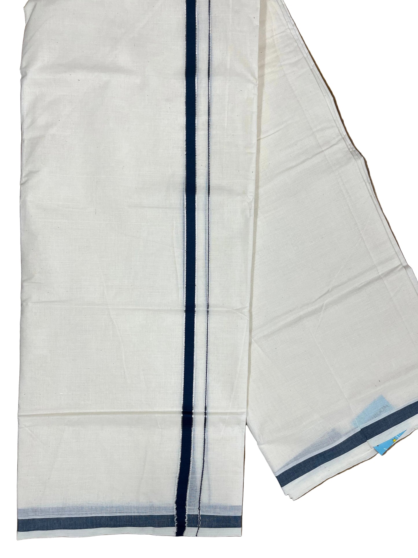 Southloom Pure Cotton Mundu with Silver Line And Blue Border (South Indian Kerala Dhoti)
