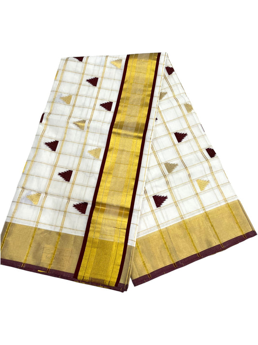 Southloom Super Premium Balaramapuram Handloom Cotton Check Saree with Gold And Maroon Temple work And Kasavu on Border SL628
