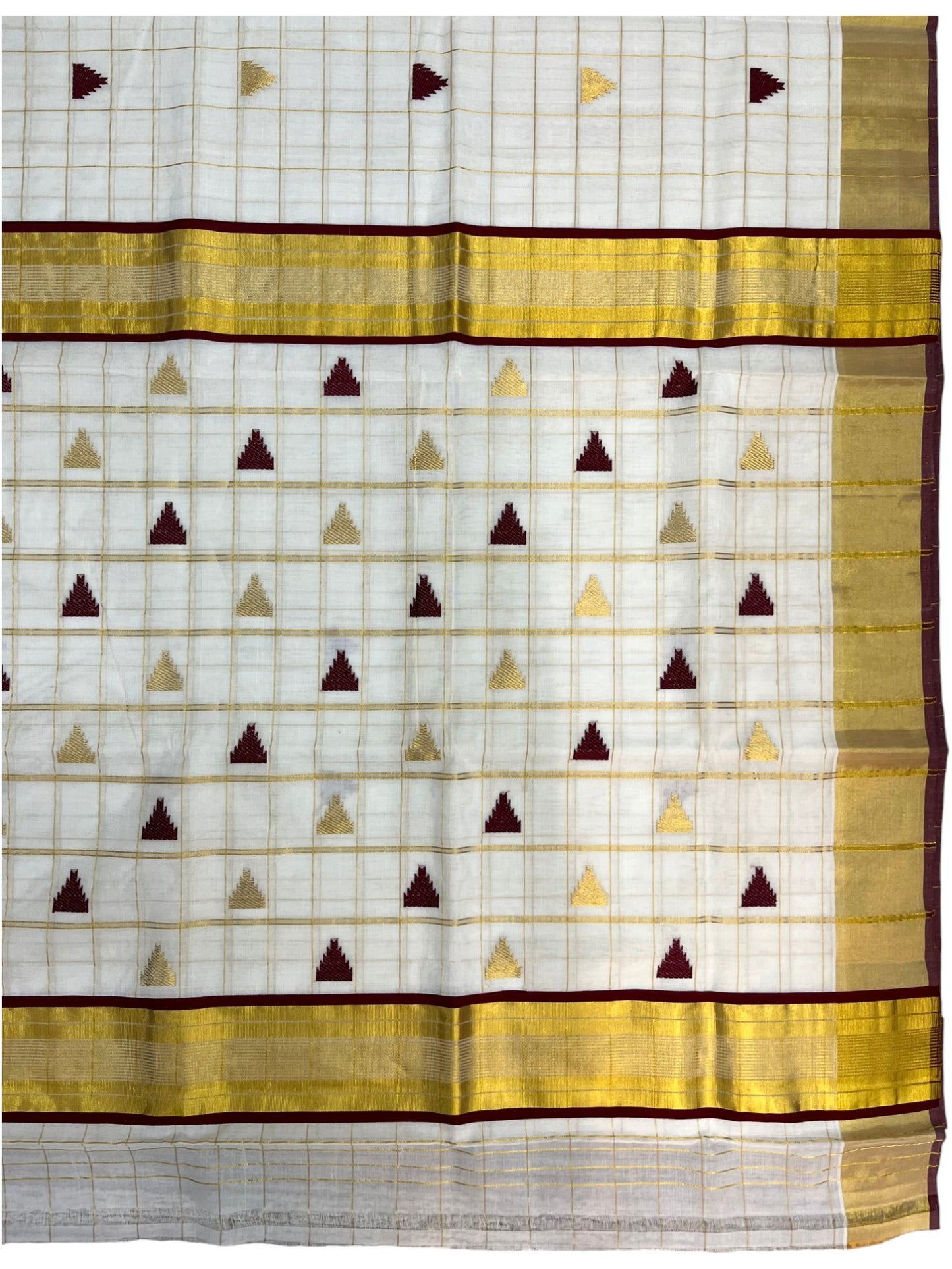 Southloom Super Premium Balaramapuram Handloom Cotton Check Saree with Gold And Maroon Temple work And Kasavu on Border SL628