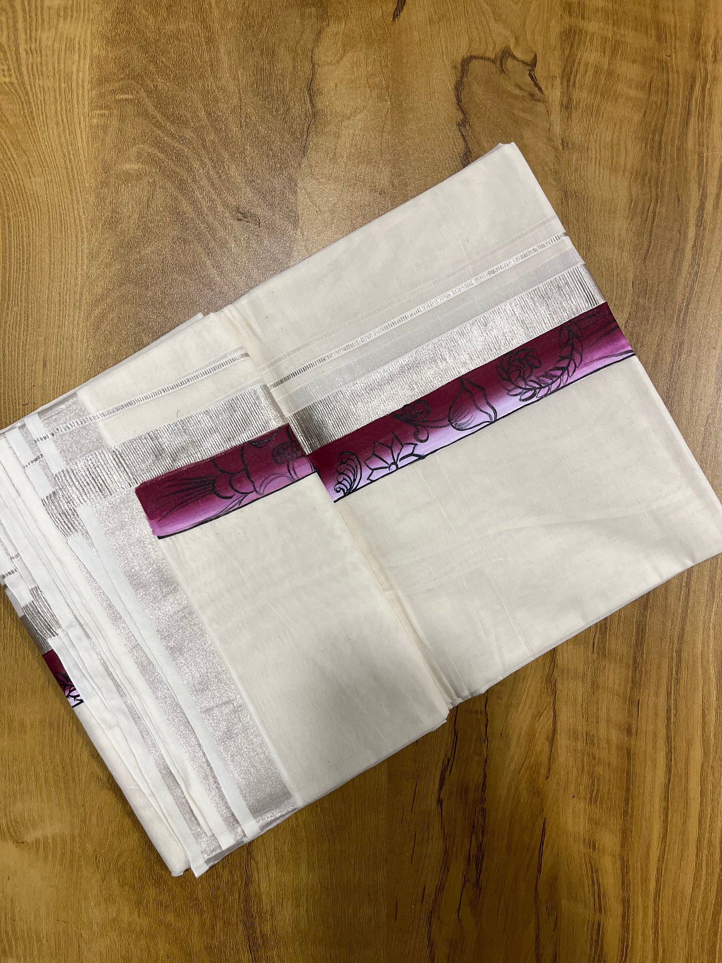 Kerala Pure Cotton Double Mundu with Mural Hand Painted Design on Silver Kasavu Border (Onam 2024 Special)