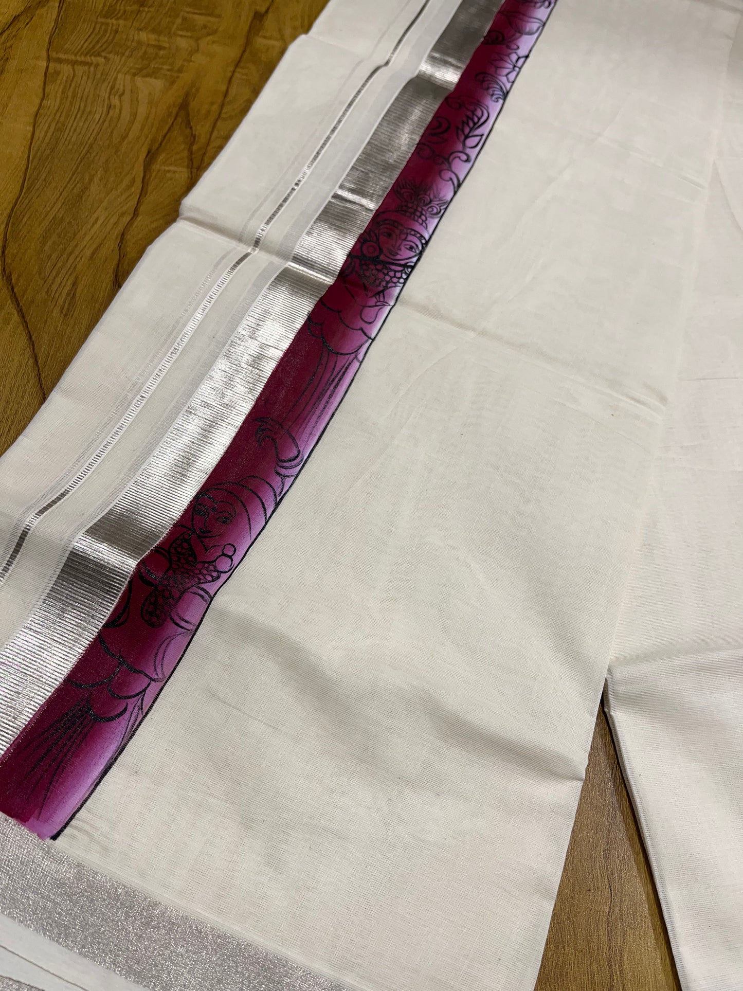 Kerala Pure Cotton Double Mundu with Mural Hand Painted Design on Silver Kasavu Border (Onam 2024 Special)