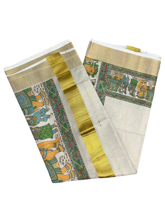 Southloom Kerala Tissue Kasavu Saree With Mural Digital Print Works on Border