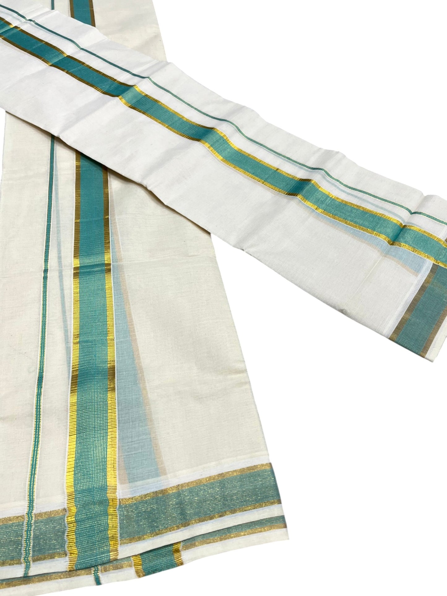 Southloom Pure Cotton Kerala Kasavu Set Mundu (Mundum Neriyathum) Kasavu & Turquoise Blue Border in 2.80 Mtrs SLKK SL470