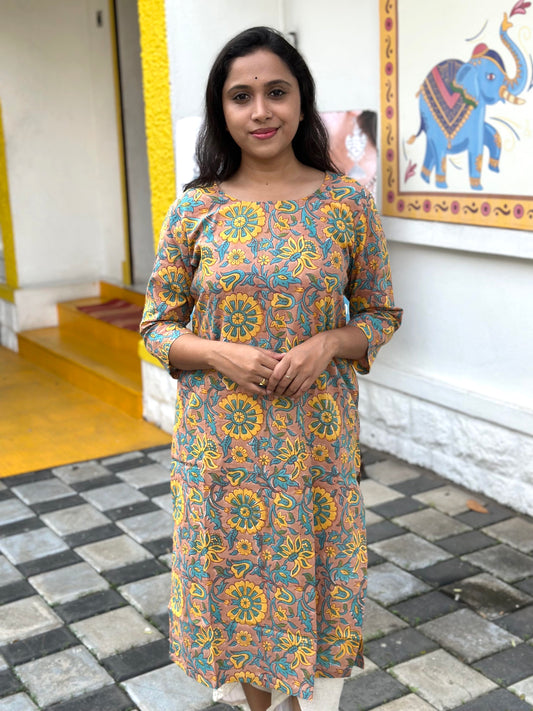 Southloom Jaipur Cotton Yellow Blue Floral Hand Block Printed Kurti