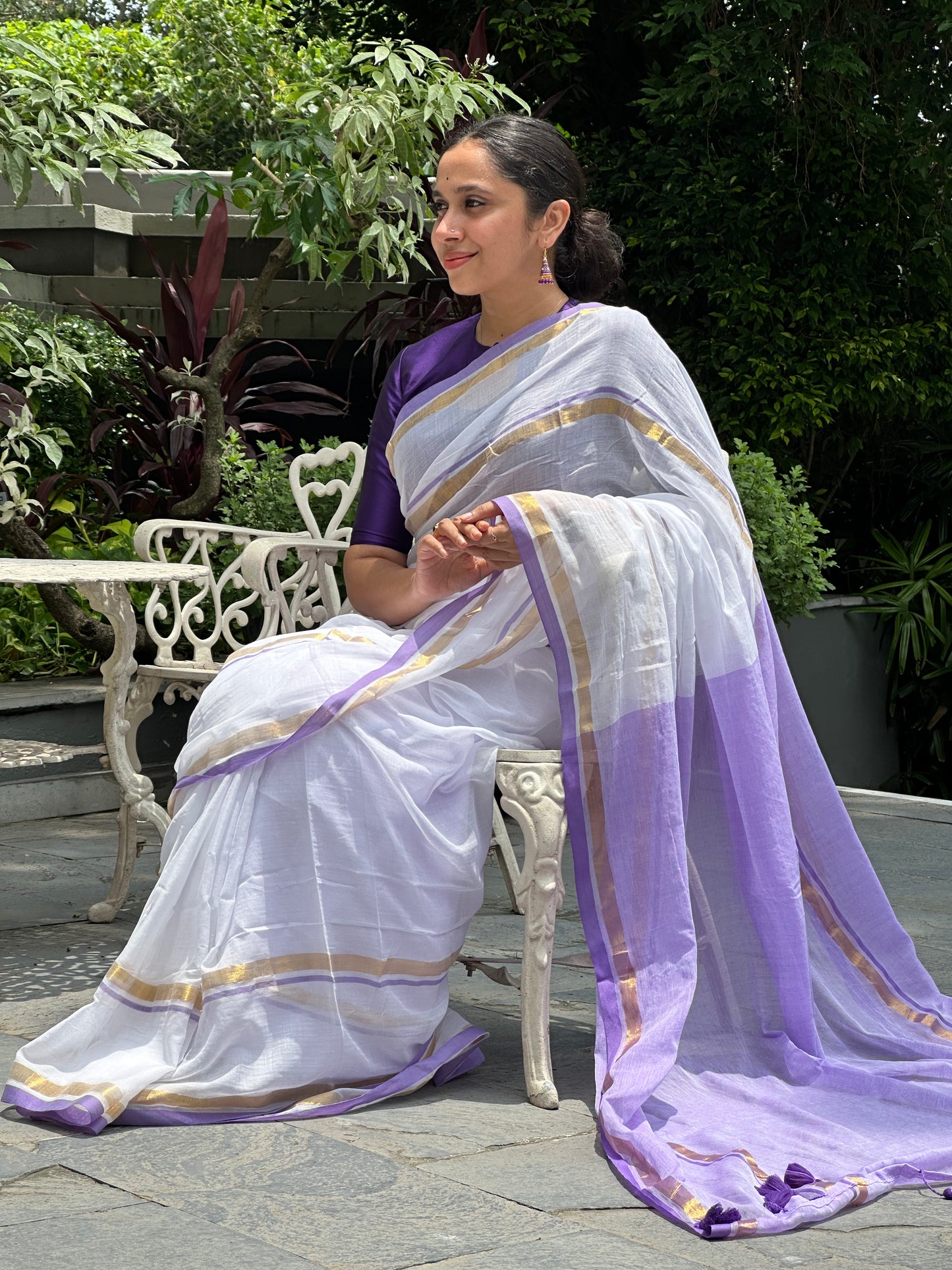 Southloom Mul Cotton 120 x 120 Soft Fabric Onam Saree in Purple