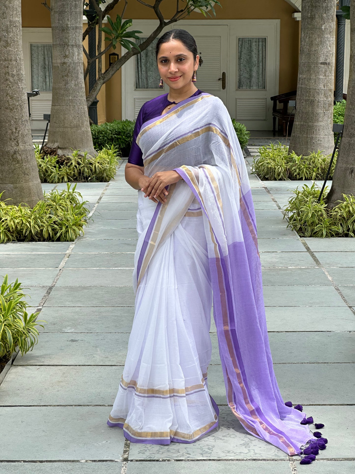Southloom Mul Cotton 120 x 120 Soft Fabric Onam Saree in Purple