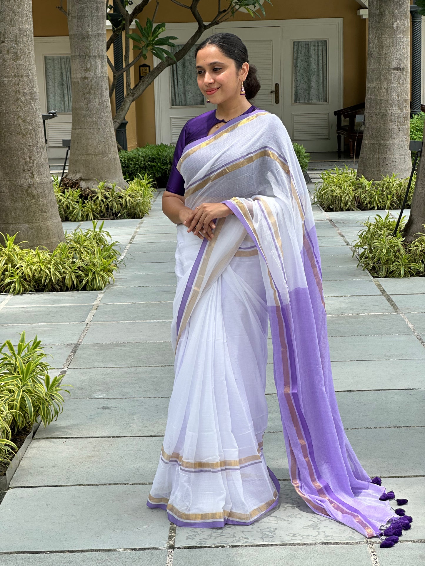 Southloom Mul Cotton 120 x 120 Soft Fabric Onam Saree in Purple
