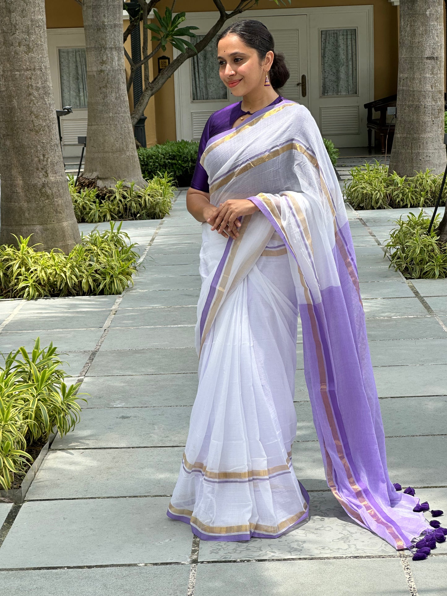 Southloom Mul Cotton 120 x 120 Soft Fabric Onam Saree in Purple