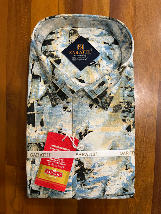 Pure Cotton Multi Coloured Blue Yellow Printed Shirt SLSHIRT 48 FS