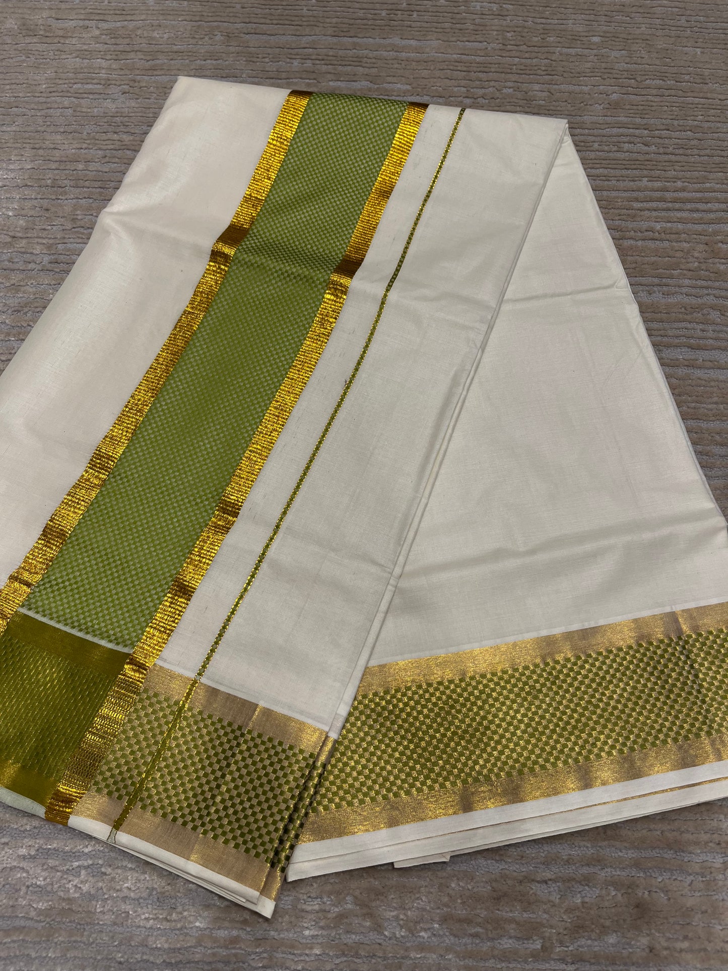 Southloom Kerala Kasavu Cotton Saree with Olive Green Paa Neythu Border