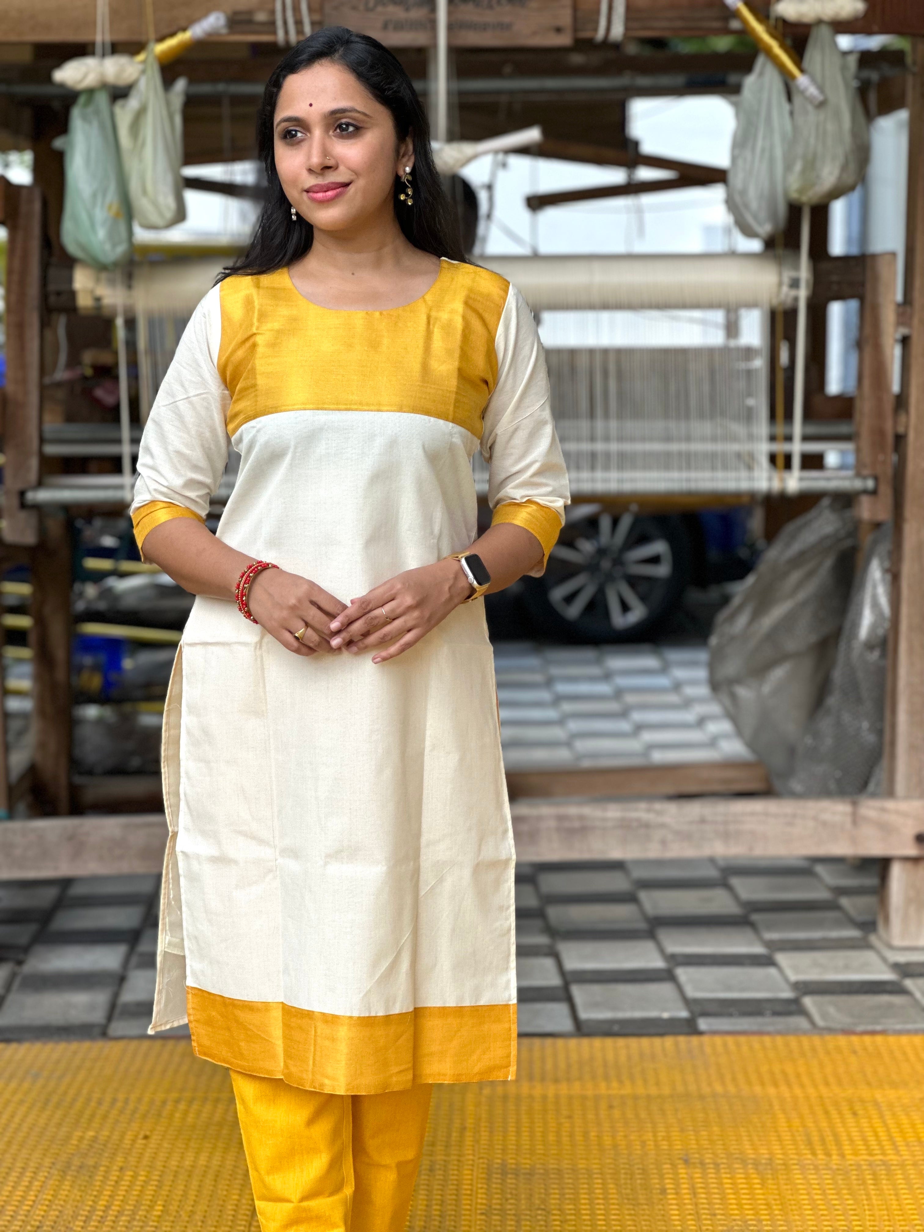 kerala cotton dress materials 100% Cotton High Quality Light Kasavu Kerala Salwar Suit Material from Southloom.com Includes cloth for Top with Woven Kasavu Zari work along the middle and patterns with Kasavu on body and Duppatta
