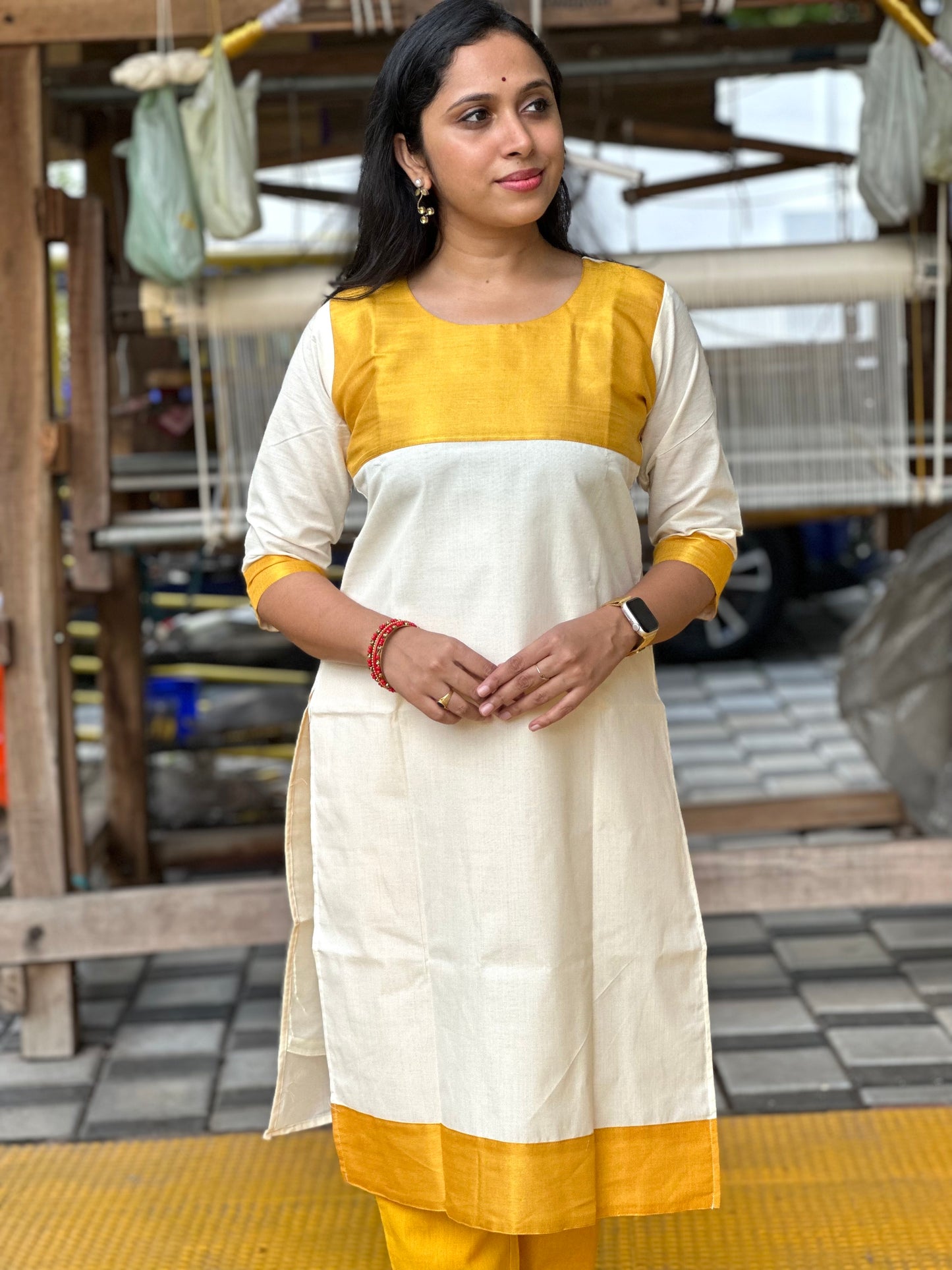 Southloom Kerala Pure Cotton Salwar Top / Kurti with Yellow Kasavu Design