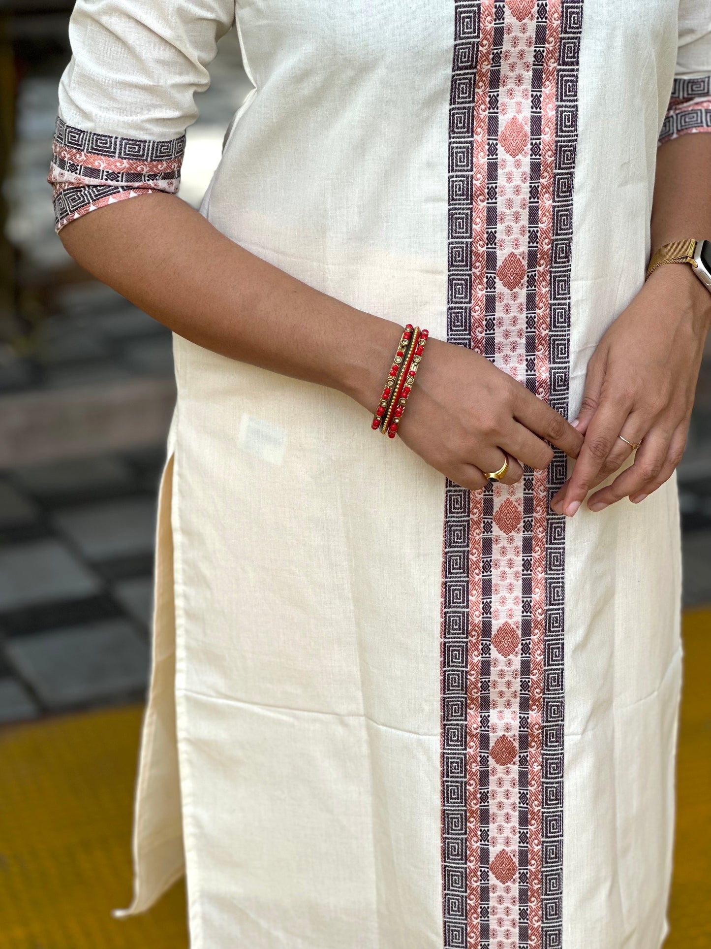 Southloom Kerala Pure Cotton Salwar Top / Kurti with Brown and Copper Kasavu Woven Designs