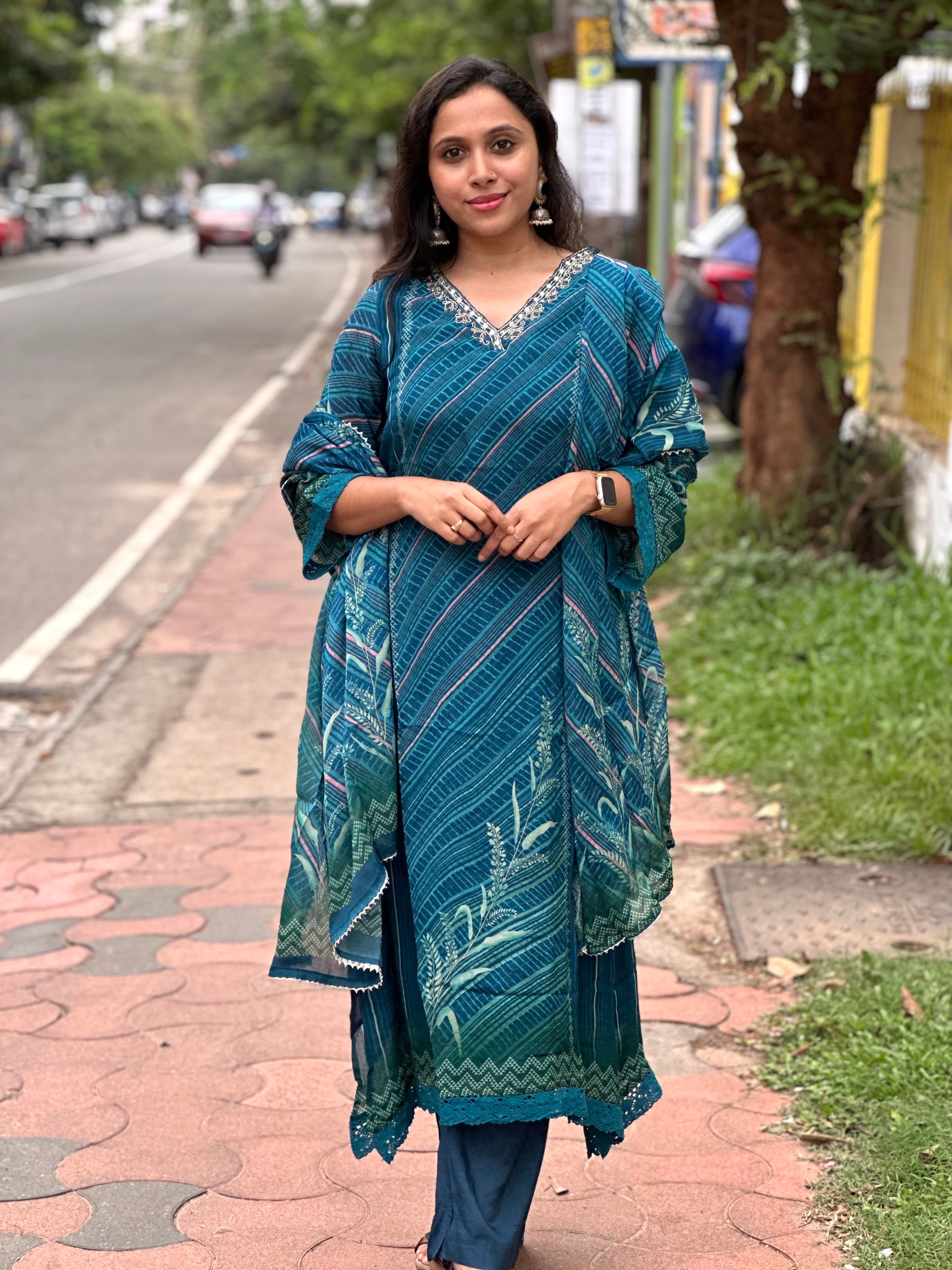 Southloom Stitched Semi Silk Salwar Set in Green With Sequins Design N