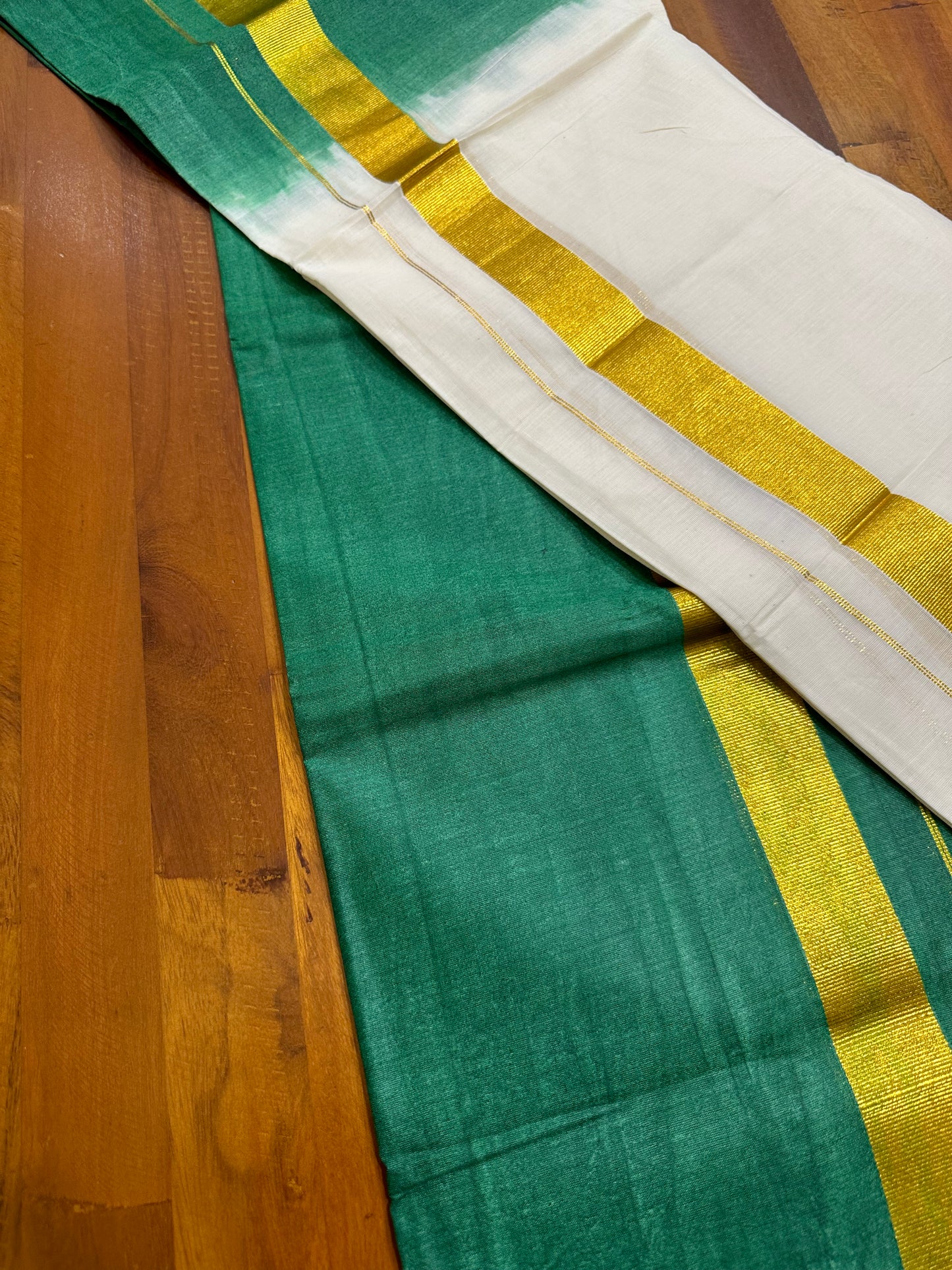 Southloom Tie & Dye - Half & Half Multi Colour Dark Green Design Set Mundu (Mundum Neriyathum) in 2.80 m Neriyathu (Extra Length) SL264