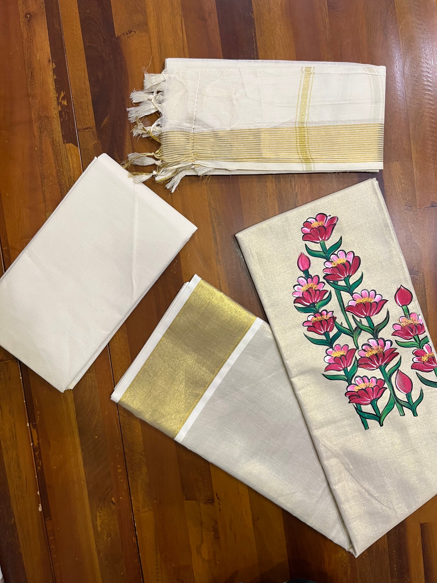 Kerala Tissue Churidar Salwar Material with Mural Hand Painted Floral Designs (include Shawl / Dupatta)