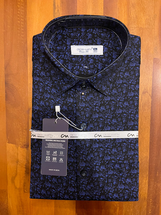 Pure Cotton Black and Blue Printed Shirt (38 HS)