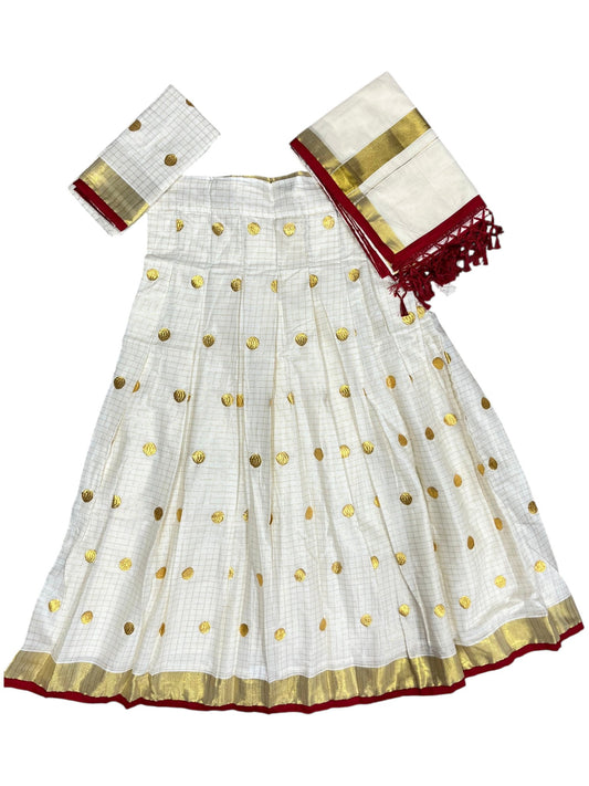 Southloom Semi Stitched Check Design Cotton Dhavani Set with Pavada and Red Polka Design In Blouse Piece