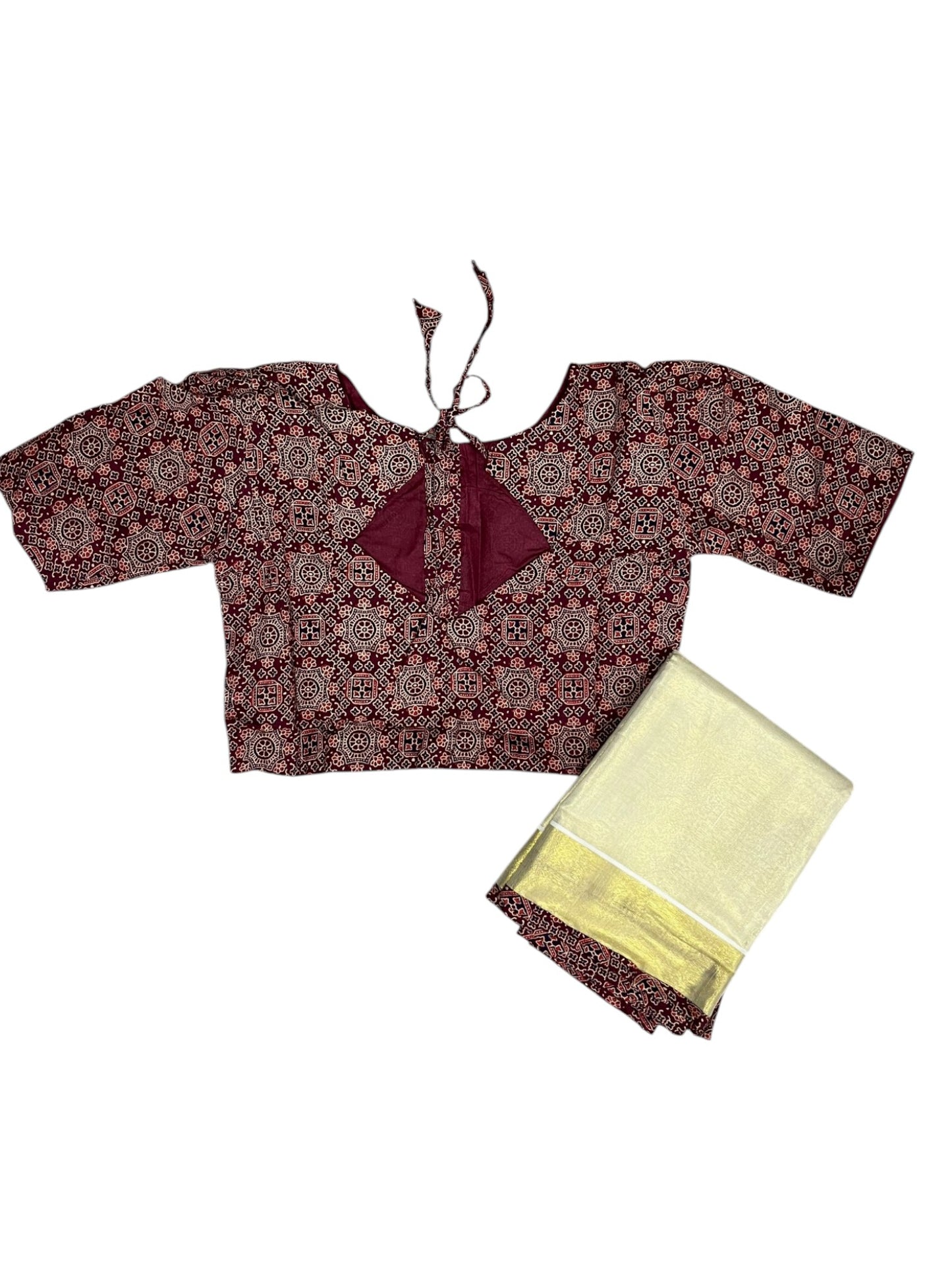 Southloom Stitched Tissue Dhavani Set with Pavada and Ajrakh Print on the Blouse Piece And Border