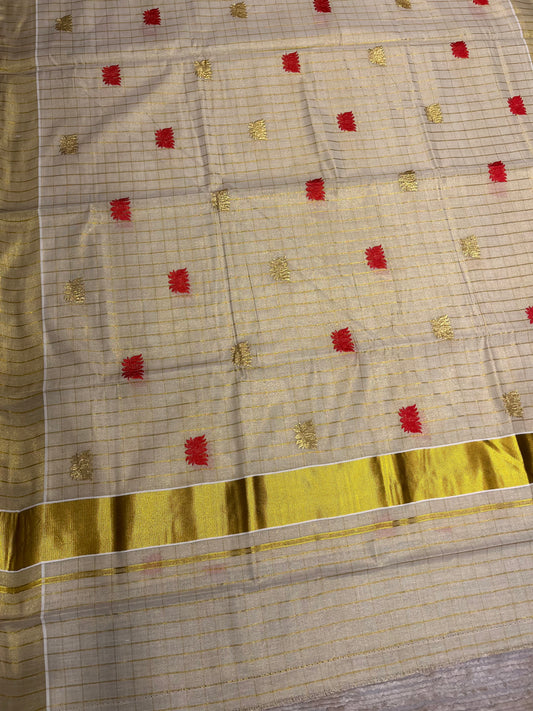 Southloom Kerala Tissue Kasavu Check Saree with Red Lotus Embroidery Works