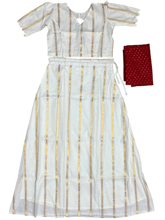Southloom Stitched Cotton With Stripes Dhavani Set with Pavada and Red Blouse Piece