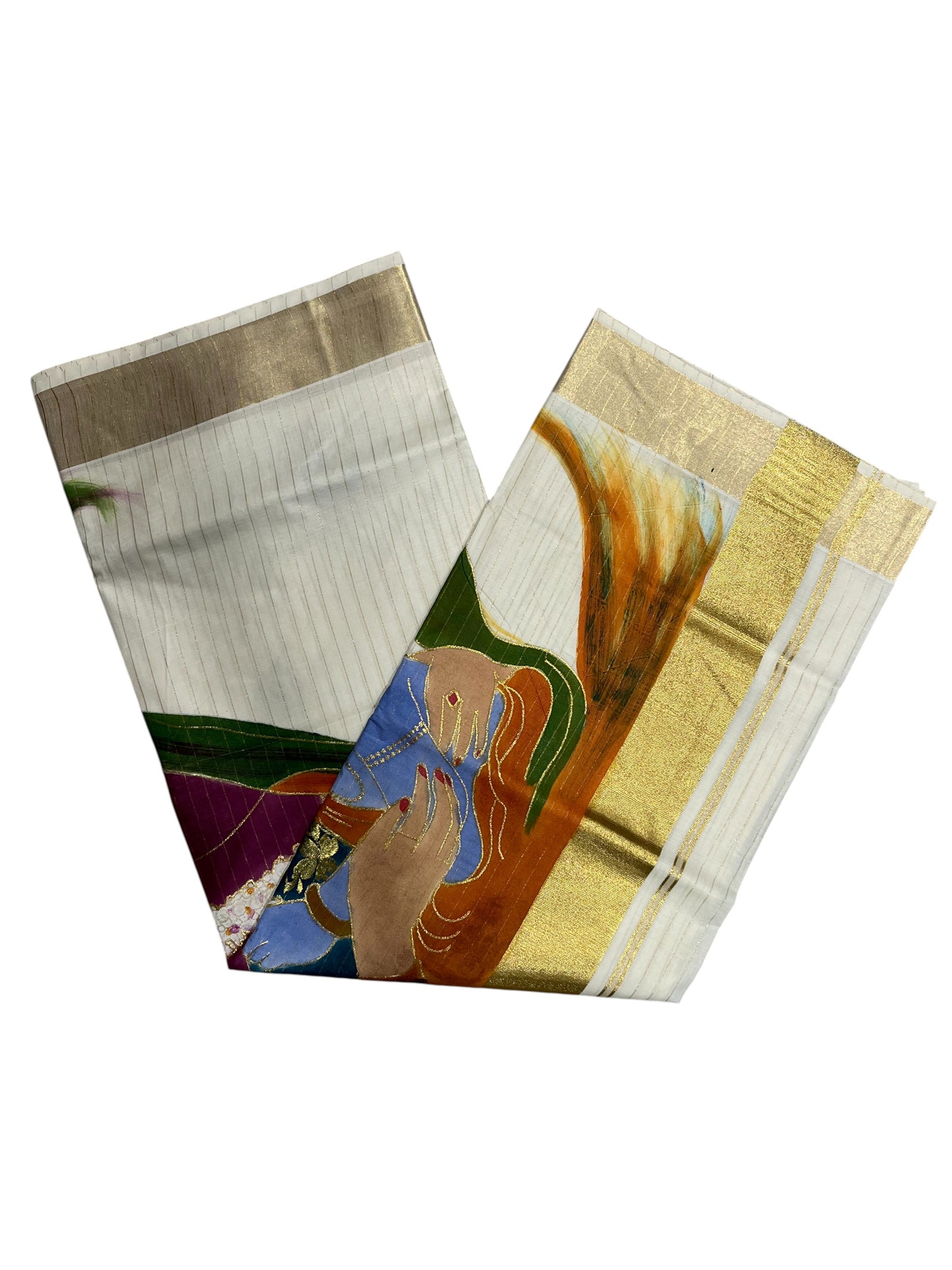 Southloom Cotton Kerala Kasavu Saree with Hand Painted Embroidery Krishna & Yashodha Design