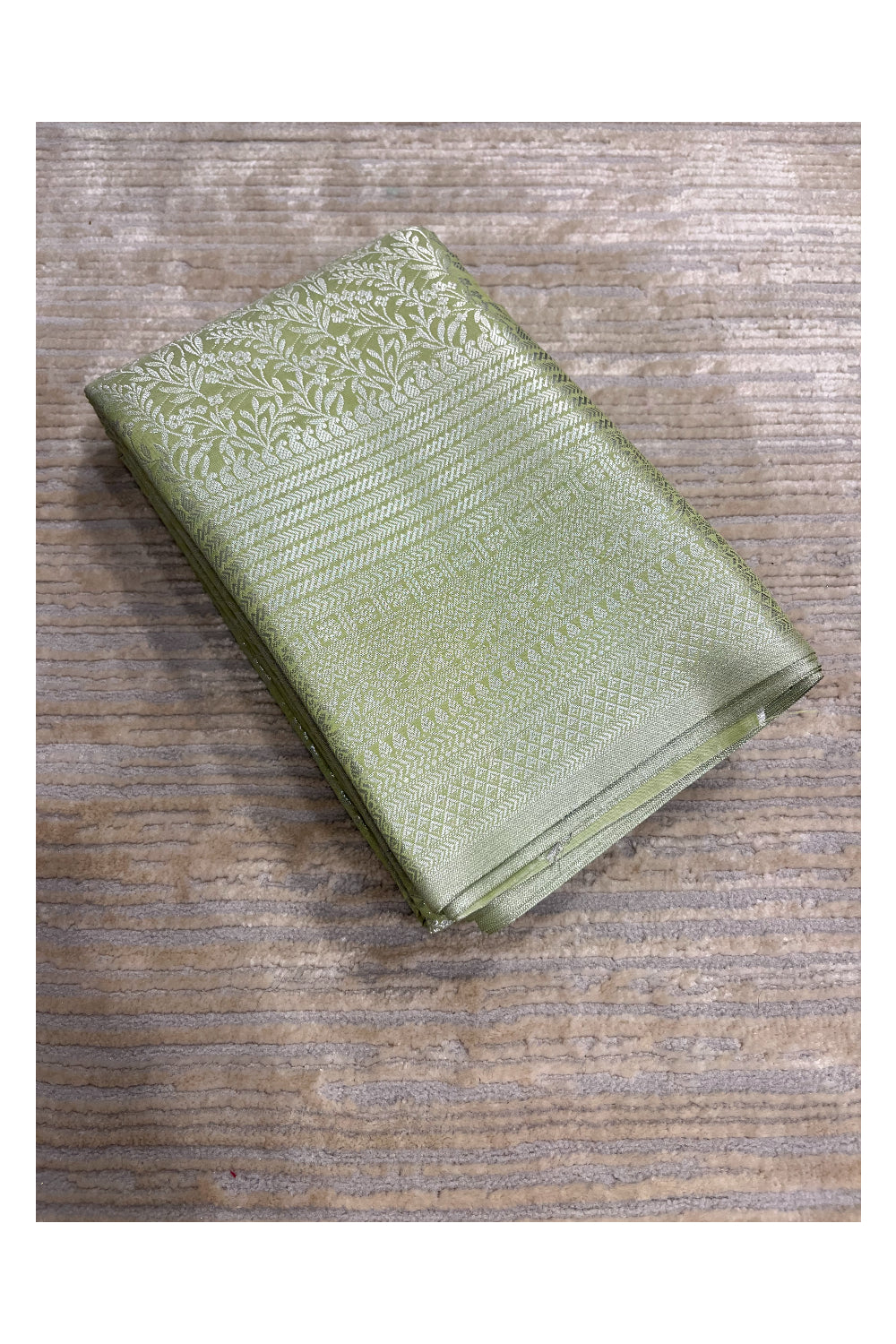 Southloom Banarasi Silver Zari Brocade Work Silk Saree in Green Pastel Shade