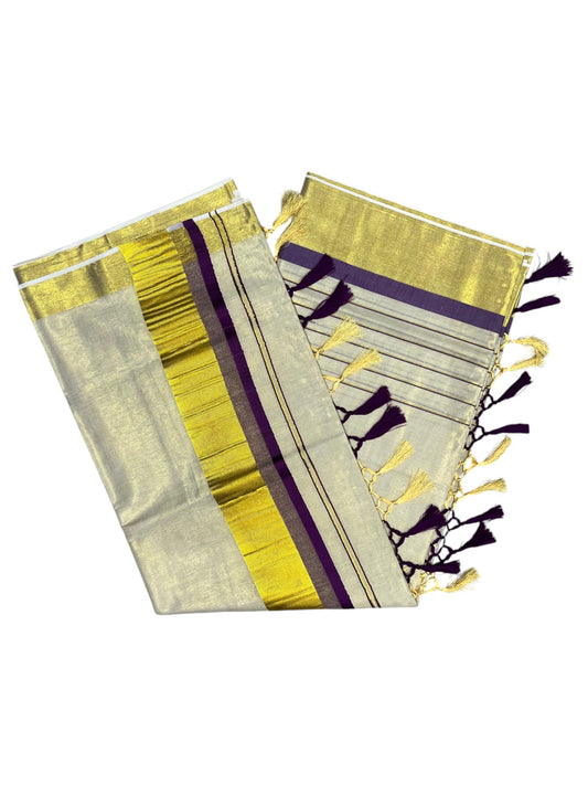Southloom Kerala Tissue Kasavu Saree with Stripes on Body with Purple Borders