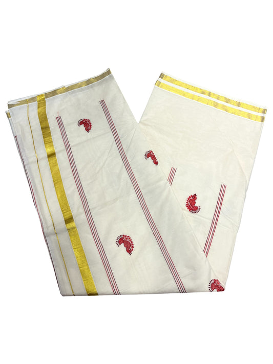 Southloom Kerala Cotton Kasavu Saree with Peacock Embroidery Works Across Body