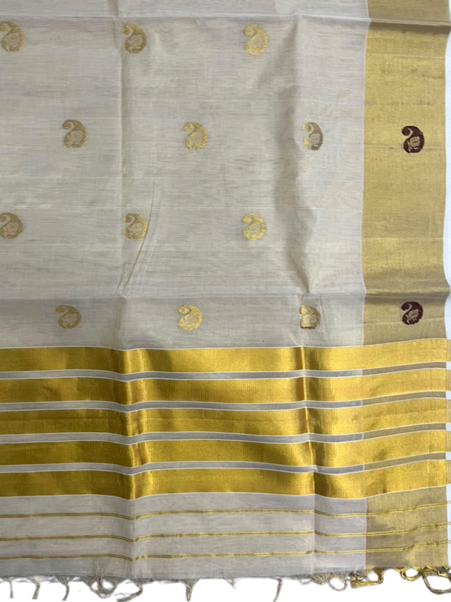 Southloom Super Premium Balaramapuram Handloom Tissue Saree with Gold & Maroon Butta Design and Gold Kasavu Border
