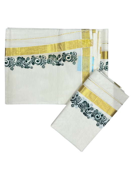 Southloom Pure Cotton Kerala Single Floral Print Set Mundu (Mundum Neriyathum) Green Border in 2.80 mtrs SL245