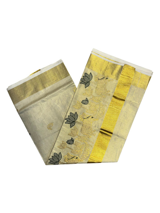 Southloom Tissue Kerala Kasavu Saree with Green & Golden Embroidery Works