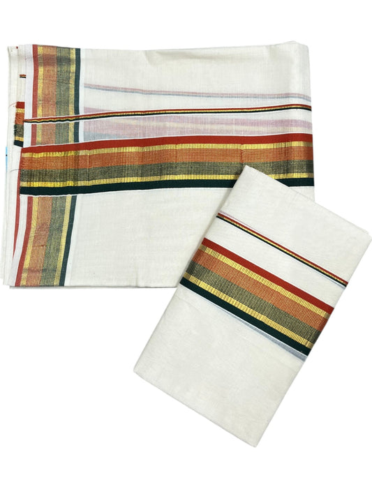 Southloom Kerala Cotton Kasavu Single Set Mundu (Mundum Neriyathum) with Green and Orange Kasavu Border SLKK