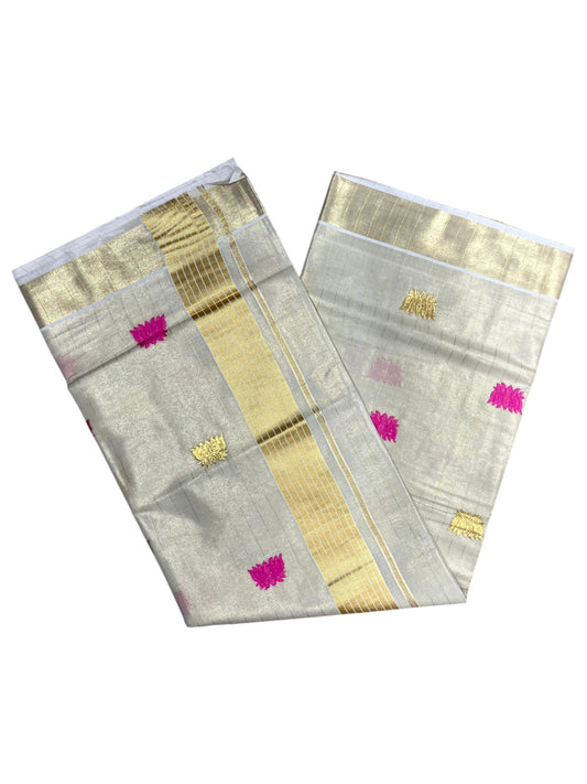 Southloom Kerala Tissue Kasavu Saree with Pink& Gold Lotus Embroidery Works