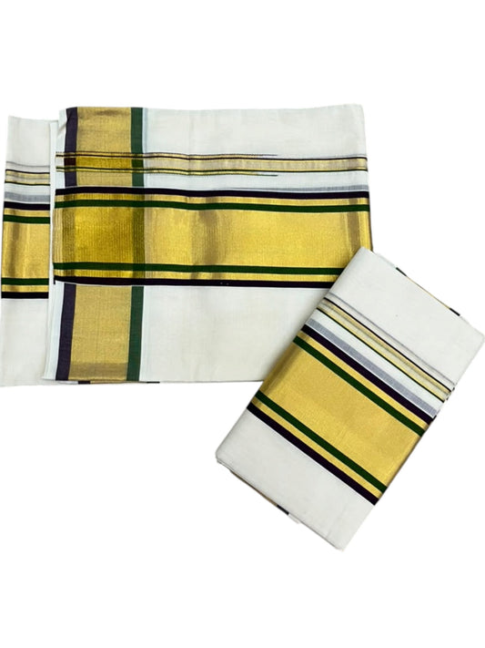 Southloom Premium Handloom Set Mundu with Purple & Olive Green Border and Kasavu Lines Across Body 2.80 Mtrs SL632