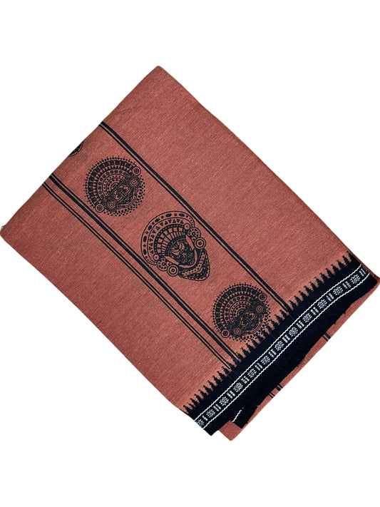 Southloom Saffron (Kaavi) Black Printed Single Mundu / Lungi (South Indian Kerala Dhoti)