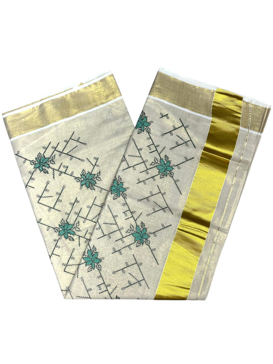 Southloom Tissue Kerala Kasavu Saree with Floral Embroidery Work on Body in Green