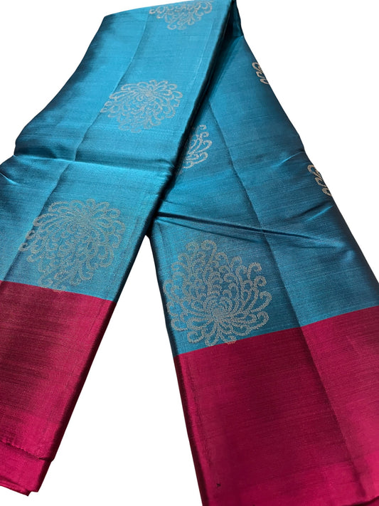 Southloom Pure Handloom Kanchipuram Silk Saree with Butta Work (Blue & Magenta)