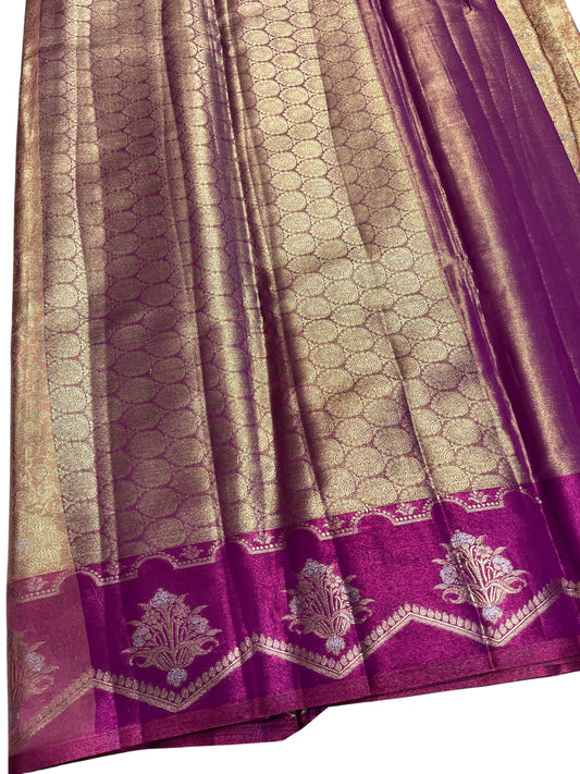 Southloom Semi Banarasi Katan Tissue Saree with Woven Work on Body and Borders (Golden & Magenta)