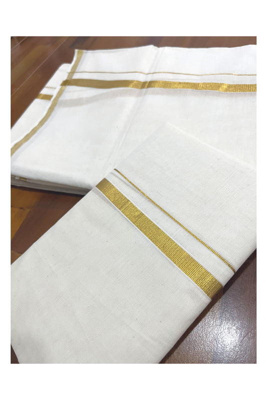 Kerala Cotton Double Set Mundu (Mundum Neriyathum) with 0.5 inch Half Fine Kasavu Border