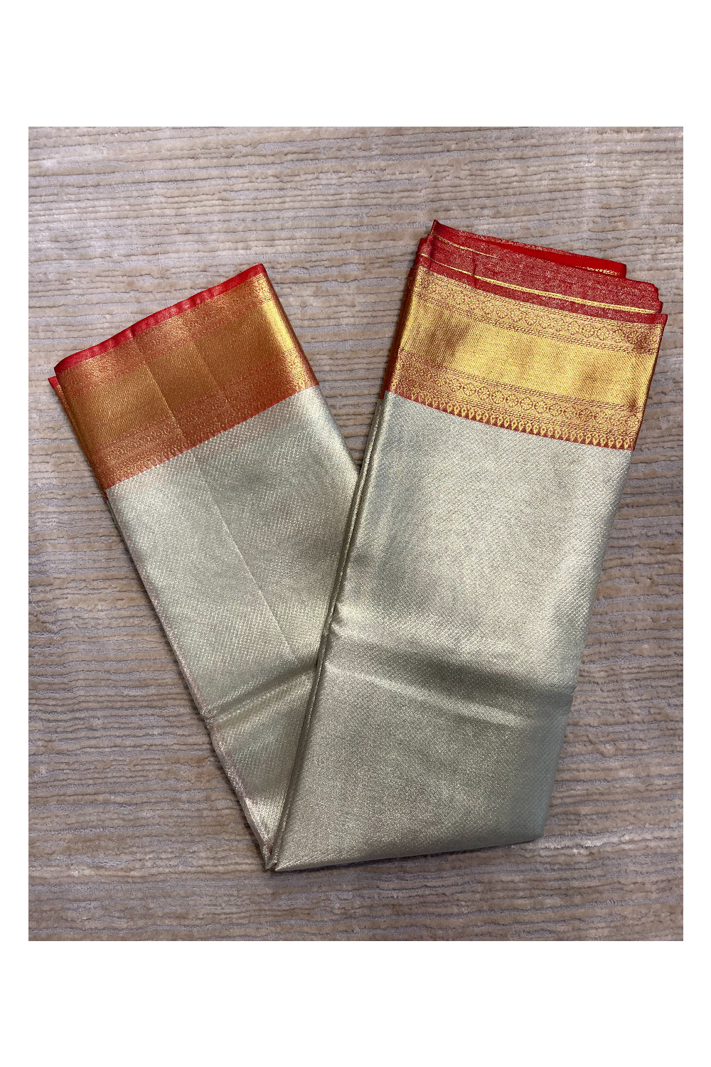 Southloom Tissue Silk Saree with Woven Work on Body and Borders (Silver & Red)