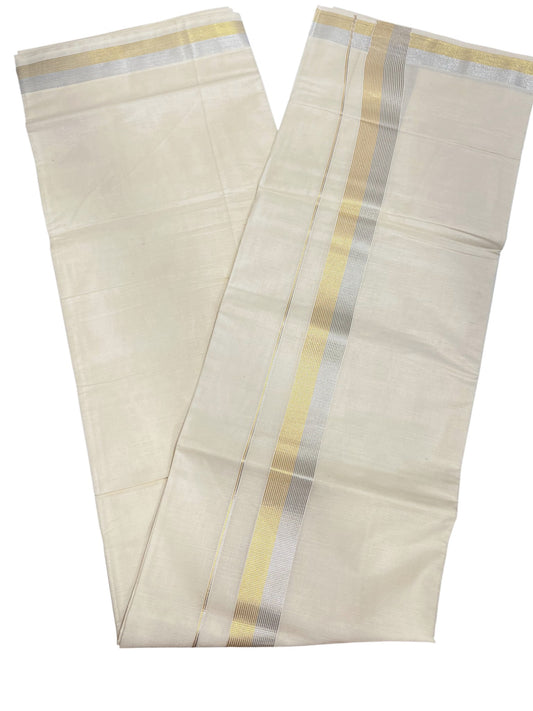 Kerala Cotton Double Mundu with Silver And Golden Border (South Indian Dhoti)