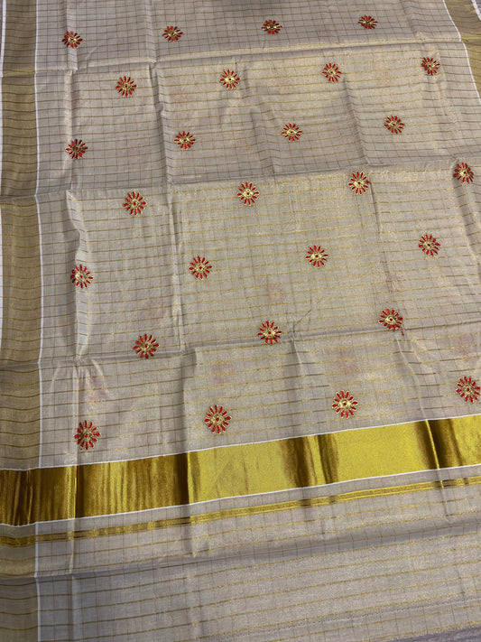 Southloom Tissue Kerala Kasavu Saree with Red Check Floral Print on Border