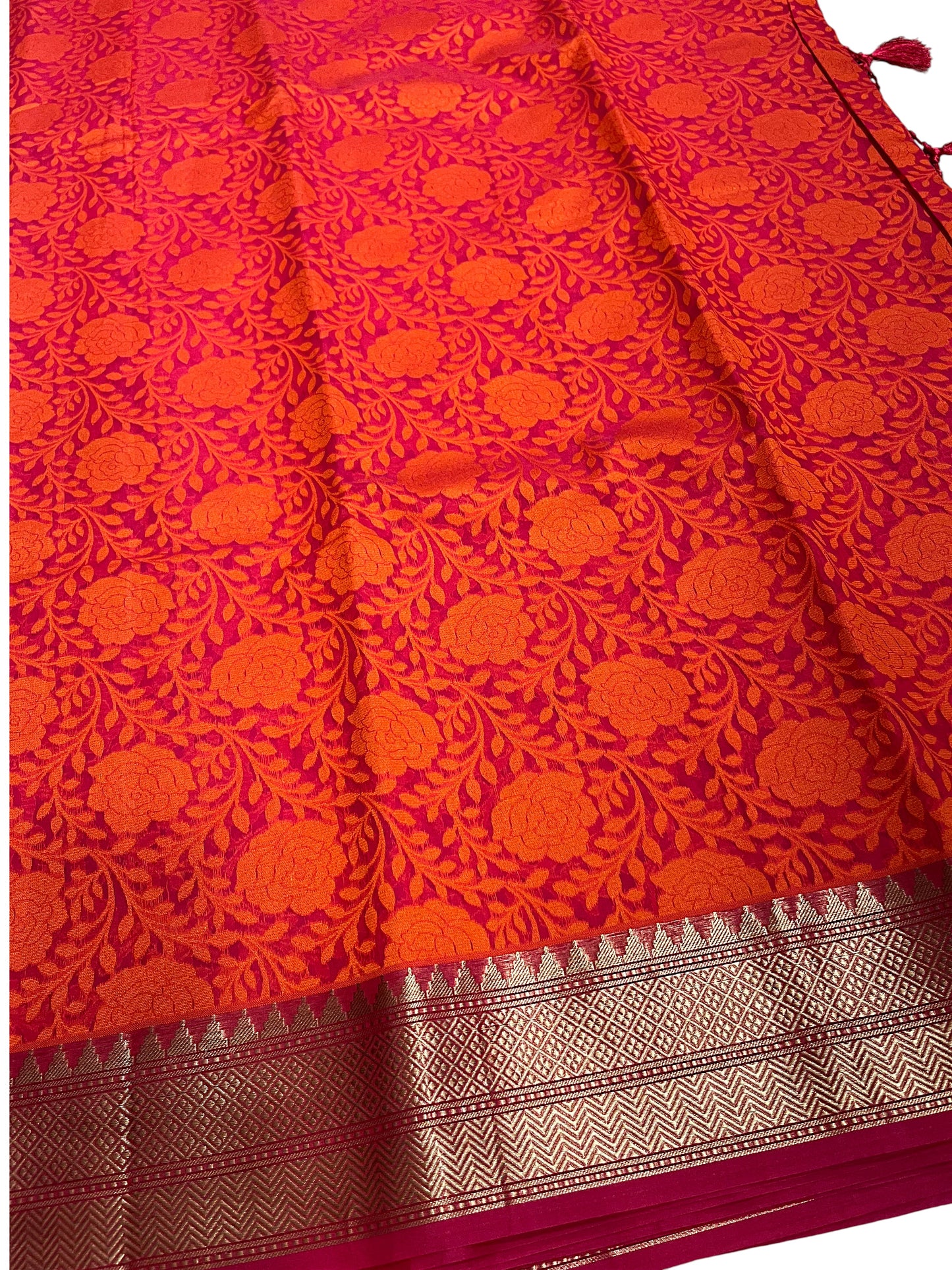 Southloom Cotton Banarasi Silk Saree with Woven Work on Body and Borders (Orange and Magenta)