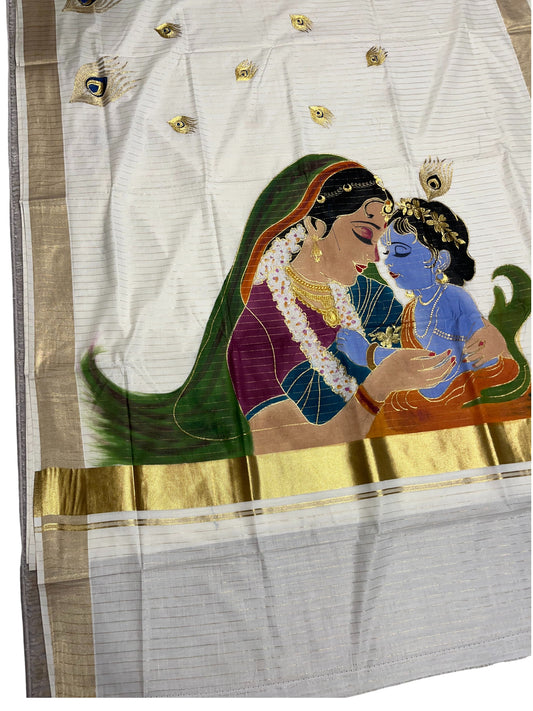 Southloom Cotton Kerala Kasavu Saree with Hand Painted Embroidery Krishna & Yashodha Design